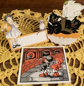 Rare Vintage Halloween Unusual Diecut Invitation With 2 Place Cards,  1920s - 1930s
