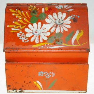 Antique Orange White Hand Painted Tin Flower Floral Tole Toleware Recipe Box
