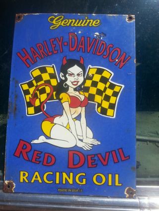 Rare Old Vintage 1953 Harley Davidson Motorcycle Racing Oil Porcelain Sign Gas