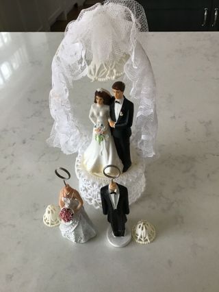 Large Vintage Bride & Groom Wedding Cake Topper Brunette Groom And Bride