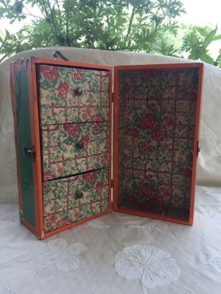 Antique Vintage Wood Doll Trunk Green And Orange With Flowers 12 X 6 1/2 X 5 1/2
