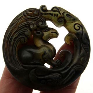 P749 Ancient Chinese Old Jade Handcarved Dragon Horse Amulet Pendant 2.  0 "