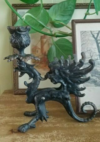 Vintage Cast Iron Winged Dragon - Gargoyle Candle Holder - Rustic