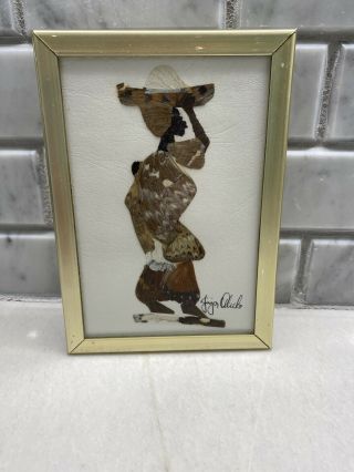 Vintage Framed Butterfly Wing African Art Picture Woman Basket Signed