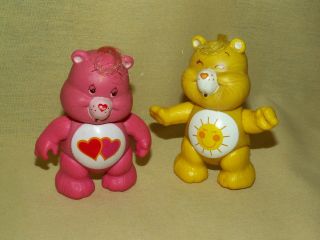 Care Bear Figurine Set 2 Plastic Hong Kong 1983 Vintge Pink Yellow Posable Hair.