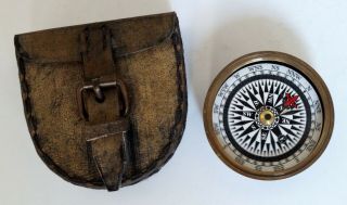 Antique Brass Maritime Flat Hiking Compass With Handmade Leather Box Case Gift