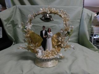 Vintage Bridal Cake Topper Cermaic With Heart Shape Flowers & Bells