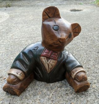 Handsome Hand Carved Wooden Teddy Bear In Dinner Jacket And Bow Tie.  Rare.