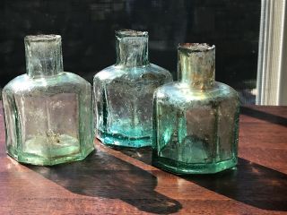 Set Of 3 Antique Early Green Glass Rag Top/shear Top Octagon Ink Bottles
