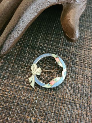 Vintage Antique Sterling Silver Enamel Guilloche Bow Flowers Brooch Circle