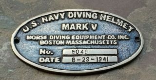 Vintage Solid Brass U.  S.  Navy Mark V Diving Divers Helmet Name Plate