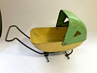 Vintage Steel Tin ? Metal Baby Doll Buggy Carriage Yellow & Green