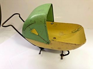 Vintage Steel Tin ? Metal Baby Doll Buggy Carriage Yellow & Green 2
