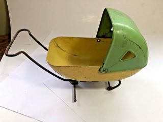 Vintage Steel Tin ? Metal Baby Doll Buggy Carriage Yellow & Green 3