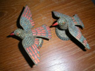Two Vintage - Antique Folk Art Brass Bird Figure Inlaid Turquoise Coral