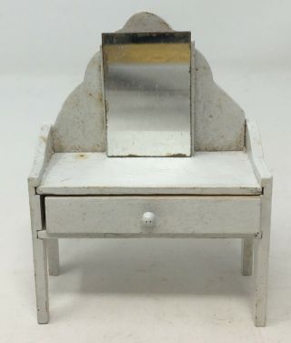 Vintage Dollhouse Miniature Wood Hand Painted White Dressing Table Vanity Mirror