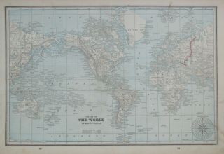 1893 Antique Color Map Chart Of The World On Mercator 