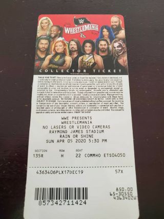 Wwe Wrestlemania 36 Ticket 3 - D Commemorative Rare Red Card 4/5/20 2020 Stub
