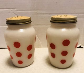 Fire King Red Dots Shakers Rare Vintage Fire King 2 Red Polka Dots Shakers