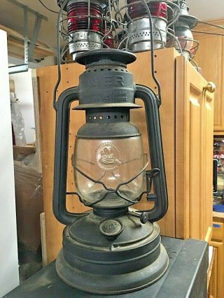 Antique Rare Nier Feuerhand Tall Oil Lantern W/ Etched Glass Globe