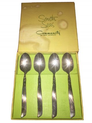4 Teaspoons Oneida Community Plate South Seas 1955 Vintage Silverplate Spoons