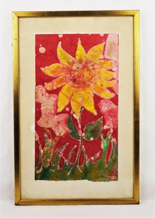 Vintage Mid Century Floral Watercolor Painting On Pulp Paper Of Sunflower Signed