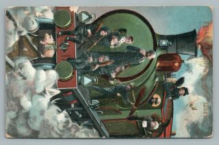 Locomotive Train Riding Kids—antique German Fantasy Postcard—pig 1910s