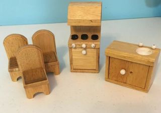 Vintage Dollhouse Mini Wooden Furniture Dining Kitchen Set Sink Stove Chairs
