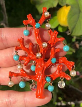 Vtg Rare Hattie Carnegie Faux Red Branch Coral & Turquoise Gold Tone Pin Brooch