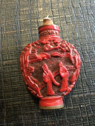 Intricate Carved Chinese Red Cinnabar Snuff Or Perfume Bottle With Wand/spoon