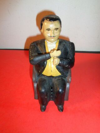 Antique Cast Iron " Book Of Knowledge " Man Seated Bank (6 By 4 By 3 ") Non