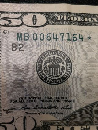 Rare 2013 $50 Fifty Dollar Bill Star Note