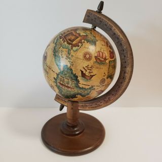 Vintage Small Desk Globe With Ancient Stylized Map Wooden Base Made In Japan