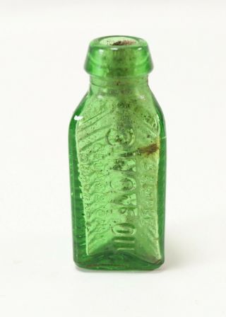 Antique Sample 3 In One Oil Glass Embossed Green Miniature Bottle