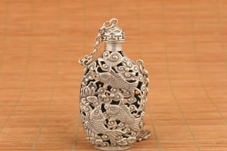 Rare Chinese Old Tibet Silver Hand Carved Hollow Fish Snuff Bottle Ornament