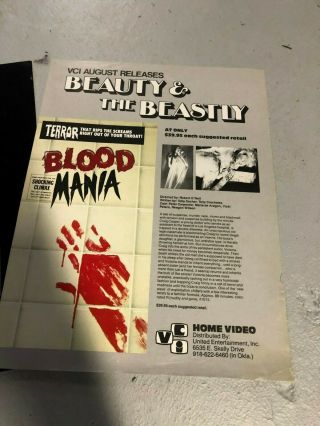 Video Wars Blood Mania Madhouse Ad Slick Mini Poster Video Store Vhs Promo Rare
