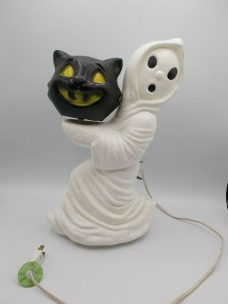 Very Rare Vintage Halloween Ghost Holding Black Cat Head Blow Mold Lighted