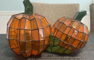 Rare Tiffany Style Stained Glass Pumpkin Lamp Light Cracker Barrel Exclusive