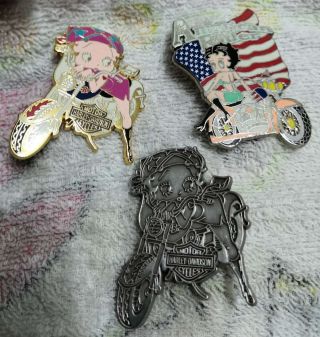 Very Rare,  3 Betty Boop American Rider Harley Motor Biker Pins