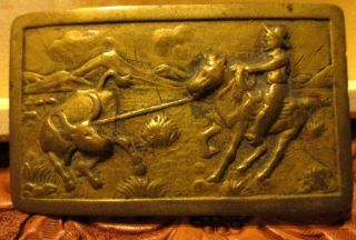Very Old Rare Vintage Western Bronze Belt Buckle Old Style Cowboy Roping A Bull