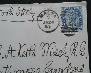 RARE 1887 Malta Cover ties 2 1/2d blue QV stamp with A25 cds to London 2
