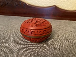 Vintage Chinese Floral Cinnabar Carved Lacquer Scroll Trinket Dresser Round Box