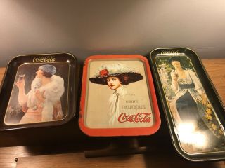 Vintage Coca - Cola Soda Antique Metal Serving Tin Trays Set Of 3