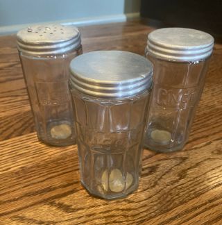 3 Antique Ribbed Glass Hoosier Sellers Kitchen Cabinet Spice Jars With Lids