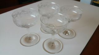 Set Of 4 Antique Central Glass Thistle 4.  5 " Champagne Glasses,  Needle Etch