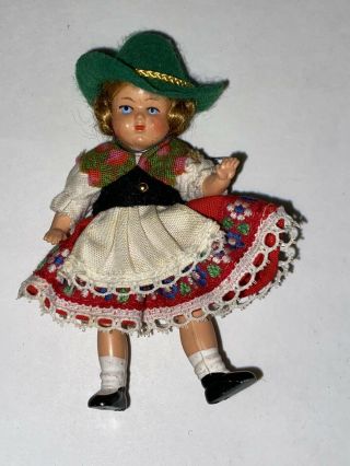 Vintage 3.  5 " Dollhouse Doll Germany? Green Hat Plastic Strung Legs Girl