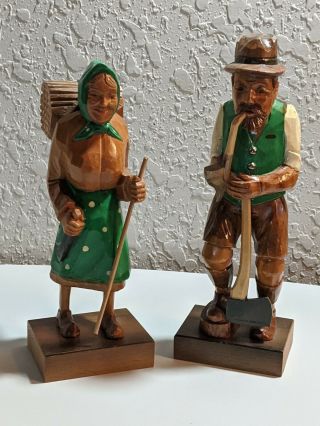 Vtg Hand Carved Painted Wood Folk Art Green Polka Dots Old Man & Woman Figures