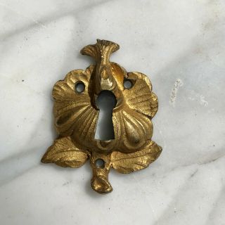Antique French Rococo Victorian Ornate Brass Floral Escutcheon Keyhole Cover