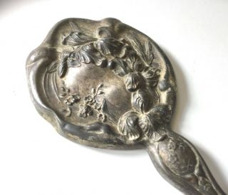 Vintage Art Nouveau Silver Plated Hand Mirror With Flower Design