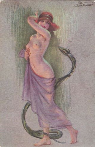 1920s Meunier Woman & Serpent Snake Art Nouveau Risque French Antique Postcard